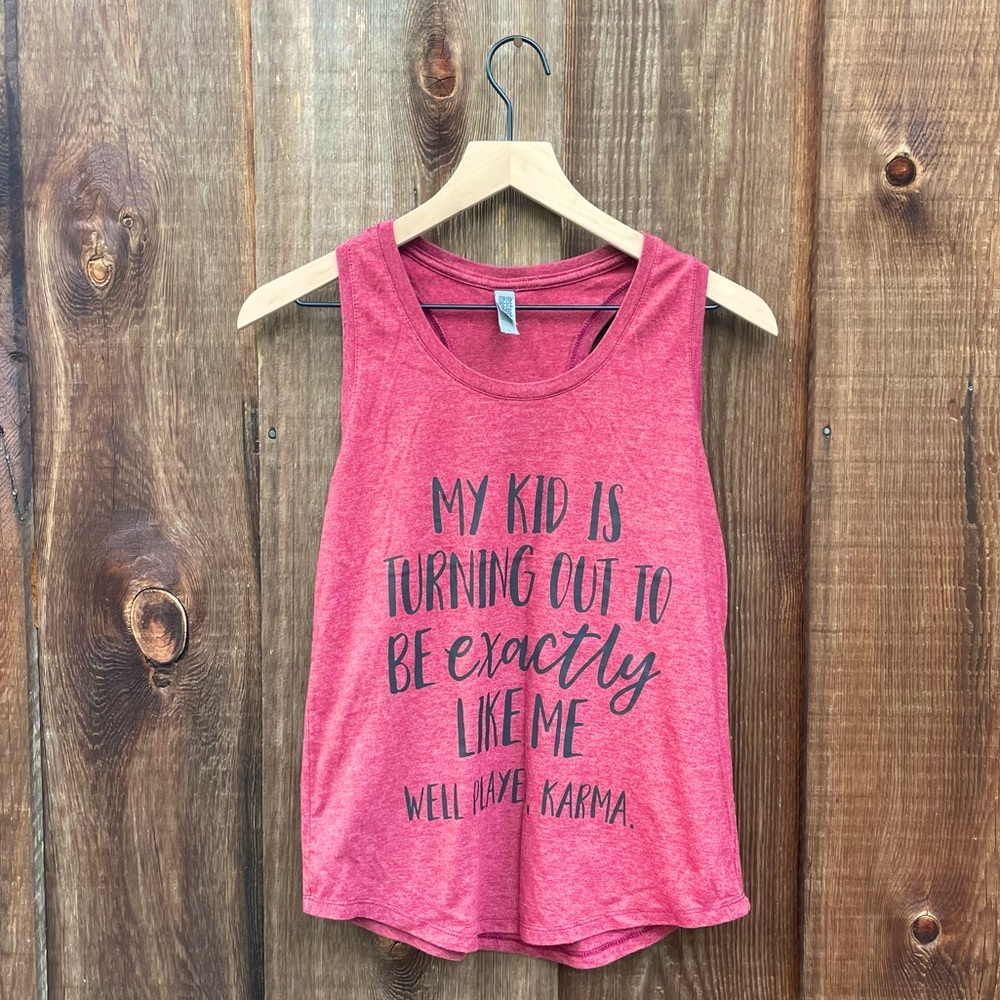 “… Well Played Karma” Funny Women’s Maroon Pink Racer Back Tank Top Size S